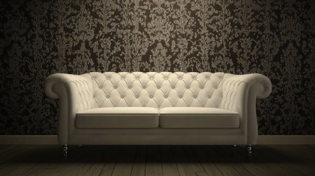 A stylish white couch positioned against a dark floral wallpaper, creating a striking contrast. This image embodies modern elegance and is perfect for showcasing cozy interior design ideas.の素材