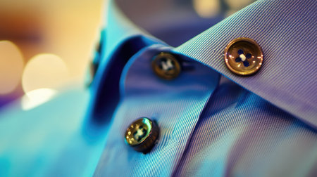 This close-up image features a blue dress shirt with an intricate button design, highlighting the quality of fabric and attention to detail, ideal for fashion and apparel collections.の素材
