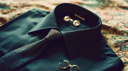 A sophisticated arrangement featuring a black dress shirt with a matching tie and shiny cufflinks, set against a richly patterned background, ideal for fashion or formal wear presentations.の素材