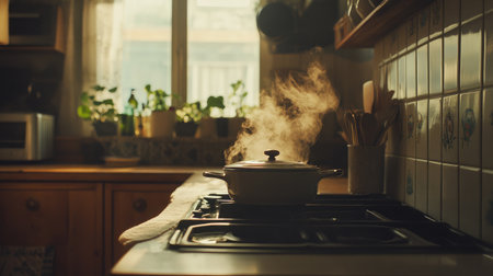 A pot on the stove emits steam in a warm, inviting kitchen filled with natural light and potted plants, reflecting the comforting atmosphere of home cooking.の素材
