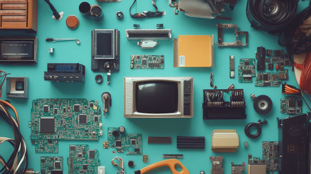A vibrant arrangement of vintage electronics showcases various circuit boards, tools, and a retro television, all set against a striking teal background, ideal for technology enthusiasts.の素材