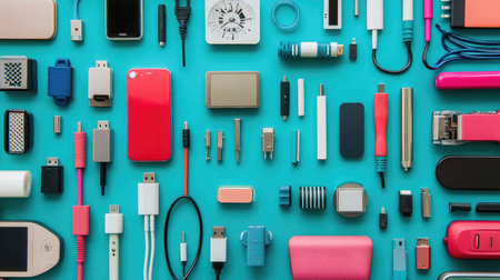 A vibrant flat lay of various electronic accessories and cables on a turquoise background, showcasing a modern and innovative lifestyle perfect for tech enthusiasts and organizers.の素材