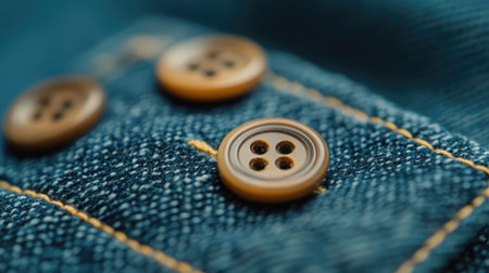 This macro photograph features brown buttons elegantly positioned on textured denim fabric, highlighting intricate stitching and showcasing design elements perfect for fashion projects.の素材