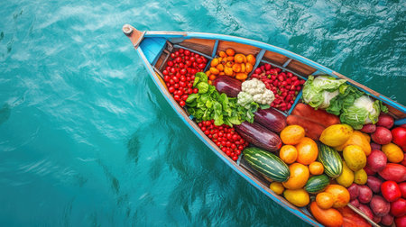A stunning display of fresh fruits and vegetables in a wooden boat, gently floating on turquoise water, highlighting the beauty of natural produce and vibrant colors.の素材