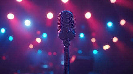 A classic retro microphone stands in sharp focus, surrounded by vibrant stage lights, setting the scene for an unforgettable live music experience filled with energy and passion.の素材