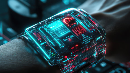 A sleek futuristic smartwatch with a holographic interface, displaying colorful data and notifications, showcasing cutting-edge technology in a modern environment.の素材