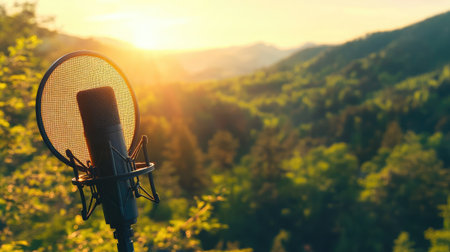 A poised microphone stands in the foreground against a breathtaking sunset over lush mountains. This image symbolizes the harmony of sound and nature, evoking creativity.の素材