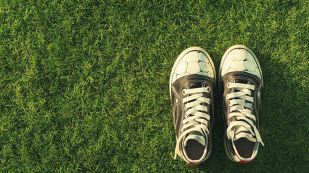 Stylish black and white soccer shoes sit on vibrant green grass, ideal for capturing themes of sports, outdoor fun, and youthful energy in your project.の素材