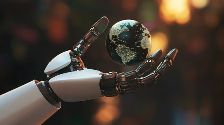 A striking image of a robotic hand gently holding a luminous globe showcasing a digital map. This visual represents the blend of technology and global connectivity in an evolving world.の素材
