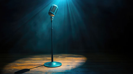 A classic retro microphone stands alone on a stage, illuminated by dramatic lighting, creating an atmospheric scene perfect for music, performance, and artistic expression.の素材