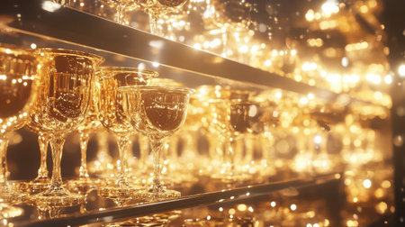 A stunning display of shimmering glass goblets, reflecting warm golden light, perfect for adding a touch of elegance and sophistication to any special occasion or event.の素材