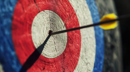 A vibrant close-up image showing an arrow striking the bullseye on a colorful archery target, illustrating themes of focus, precision, and the pursuit of goals.の素材