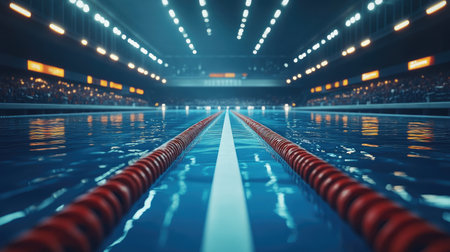 Captivating view of an indoor swimming pool showcasing lanes, bright lights, and a vibrant atmosphere, perfect for competitive events and training sessions.の素材
