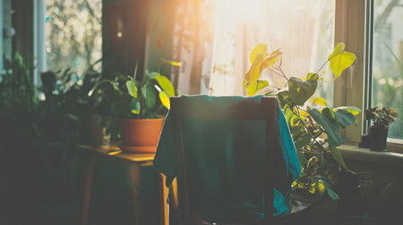 A warm and inviting scene featuring sunlight pouring through a window, illuminating a chair with a shirt draped over it, surrounded by lush indoor plants, creating a cozy atmosphere.の素材