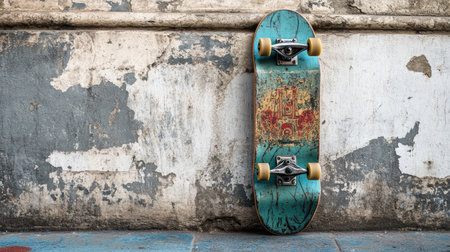 A vintage skateboard leans against a textured, weathered wall, evoking an urban atmosphere that reflects youth culture and the spirit of sports and adventure.の素材