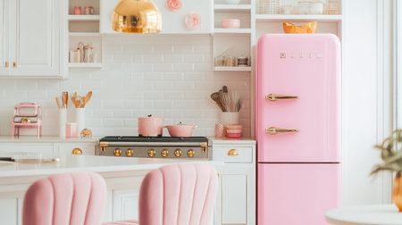 A stylish modern kitchen featuring a pink retro refrigerator and gold accents, ideal for interior design inspiration with a bright and inviting atmosphere.の素材