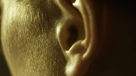 A detailed close-up image of a human ear, emphasizing the intricate skin texture and contours under soft lighting, suitable for medical, scientific, or artistic projects.の素材