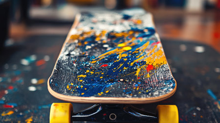 A vibrant skateboard showcasing a unique splatter paint design, resting on a black surface, symbolizes the artistic and adventurous spirit of the urban skating lifestyle.の素材