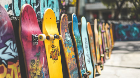 A vibrant collection of skateboards lined up against a graffiti backdrop showcases colorful designs and artistic expression in an urban skatepark setting.の素材