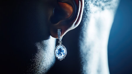 This stunning close-up captures an elegant blue gemstone earring on a model's ear, showcasing intricate design and luxurious beauty against a dramatic dark backdrop.の素材