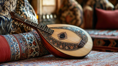 A stunning stringed instrument with intricate detailing, resting elegantly on a beautifully patterned fabric in a cozy and inviting interior space.の素材