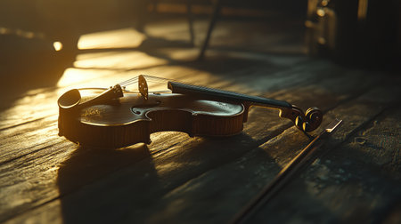A stunning close-up of a violin resting on rustic wooden floorboards, softly illuminated by ambient light, creating an atmosphere of peace and artistic inspiration.の素材