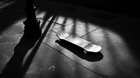 A solitary skateboard rests on urban pavement, illuminated by soft sunlight filtering through overlapping shadows, capturing a moment of stillness in a bustling city.の素材