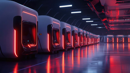 A row of advanced sleep pods illuminated with vibrant neon lights, set in a sleek, futuristic space station environment, perfect for conveying concepts of future technology and relaxation.の素材