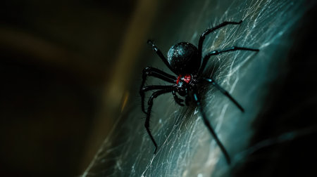 A detailed close-up of a black spider featuring striking red markings, resting on a delicate web. The image captures the intricate beauty and fearsome nature of this nocturnal arachnid.の素材