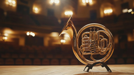 A stunning French horn stands elegantly on stage, illuminated by soft lighting in a grand concert hall, perfect for musicians, artists, and creatives seeking inspiration.の素材