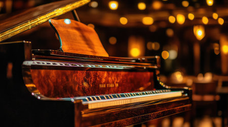 A stunning grand piano captures the essence of music in a beautifully lit setting, ideal for evoking emotion during performances and intimate gatherings.の素材