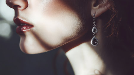 A stunning close-up profile of a woman showcases her exquisite earring, capturing the interplay of light and shadow while exuding elegance and beauty in a minimalist setting.の素材