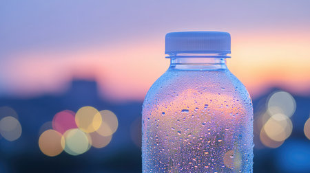 A stunning close-up of a water bottle covered in condensation, set against a vibrant sunset background, symbolizing hydration and the beauty of urban life.の素材