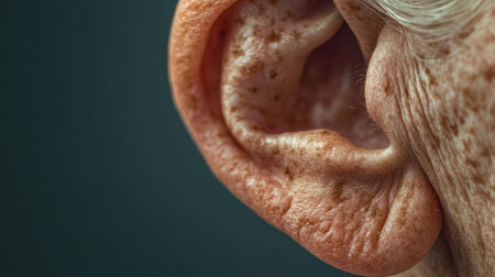 A stunning close-up photograph of an elderly human ear, highlighting intricate skin textures and signs of aging, suitable for healthcare or beauty-related themes in various media.の素材