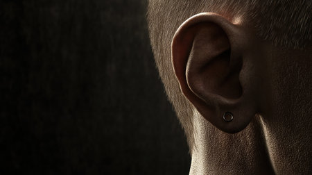 This close-up image captures a human ear with a minimalist piercing, emphasizing texture and detail against a dark background, creating a visually striking and artistic appearance.の素材