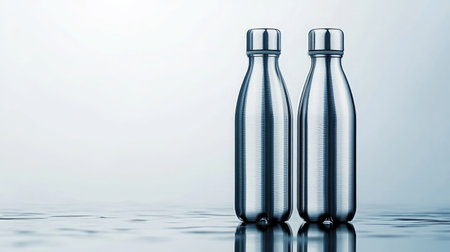 This image features two sleek stainless steel bottles on a reflective surface, highlighting modern design and sustainability. Ideal for wellness and lifestyle themes.の素材