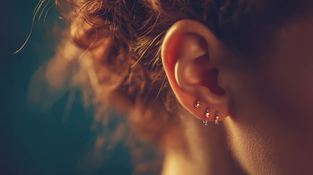 Close-up shot of a woman's ear showcasing stylish and delicate ear piercings, beautifully illuminated with soft lighting and a blurred background, perfect for fashion and beauty concepts.の素材