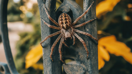 A stunning close-up image of a brown spider with striking patterns climbing a metal structure, surrounded by blurred greenery and warm yellow leaves, showcasing a captivating moment in nature.の素材