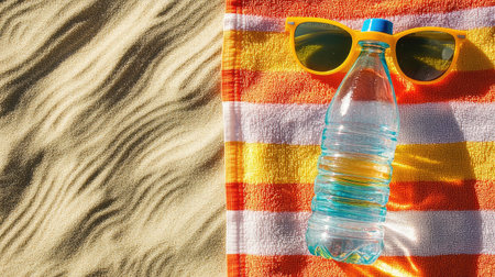 A vibrant scene showcasing sunglasses, a water bottle, and a colorful towel on golden sand, perfect for evoking feelings of summer, relaxation, and hydration by the beach.の素材