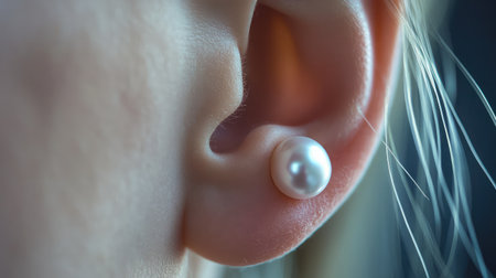 A stunning close-up image showcasing a single pearl earring on a woman's ear, capturing the elegance and shine for jewelry and fashion enthusiasts. Perfect for accessory styling.の素材