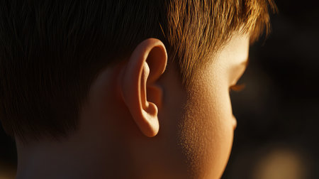 A delicate profile shot of a young boy, showcasing the beauty of childhood with soft lighting accentuating his ear and hair, evoking feelings of innocence and peace.の素材