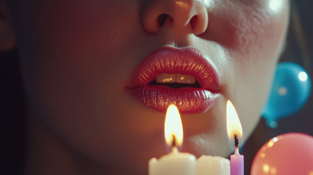 Stunning close-up of a woman's lips adorned with shimmering gloss, illuminated by warm candlelight, capturing the essence of celebration, beauty, and festive spirit.の素材