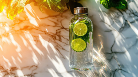 A vibrant glass bottle filled with refreshing infused water, featuring lime slices and fresh mint leaves on a beautiful marble surface with natural sunlight adding a warm glow.の素材