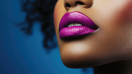 This close-up image showcases a woman's glamorous lips painted in bold magenta, complemented by her radiant skin and vibrant curls against a rich blue background.の素材