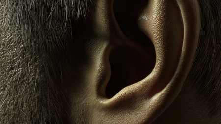 A close-up photograph capturing the intricate details of a human ear, highlighting its texture and structure in natural lighting, perfect for educational or artistic purposes.の素材