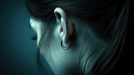 Captivating close-up of a woman's ear adorned with a hoop earring, showcasing smooth skin and hair against a dramatic blue and black background, evoking artistry and elegance.の素材