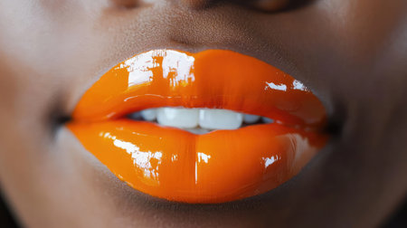 This close-up image showcases glossy orange lipstick on beautiful lips, emphasizing makeup vibrancy, oral hygiene, and modern beauty aesthetics suited for various photography projects.の素材