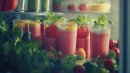 Vibrant and refreshing strawberry and mint smoothies served in glasses, beautifully arranged with fresh ingredients in a refrigerator, perfect for a summer treat.の素材