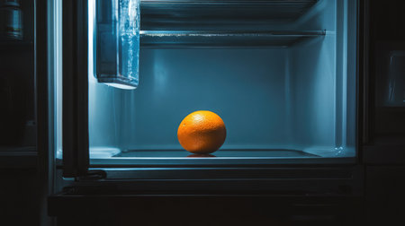 A solitary orange fruit rests on a refrigerator shelf, illuminated by soft blue light, showcasing a minimalist and fresh depiction of food inside a kitchen appliance.の素材