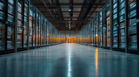 Vast warehouse interior with well-organized refrigerated shelves, emphasizing modern storage solutions for fresh and frozen goods in a bright and spacious environment.の素材